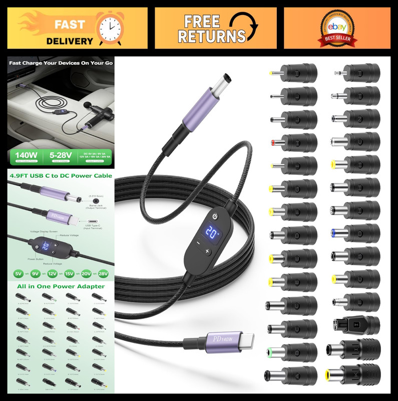 140W USB C to DC Adapter 5.5×2.5mm Barrel PD Trigger Cable, 4.9FT, Multi Voltage