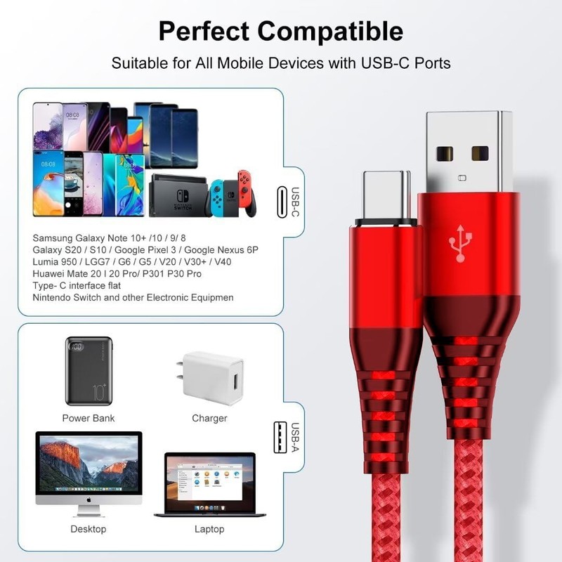 3-Pack 6ft Heavy Duty Charging Phone Cable Type-C USB For iPhone Samsung Charger gallery