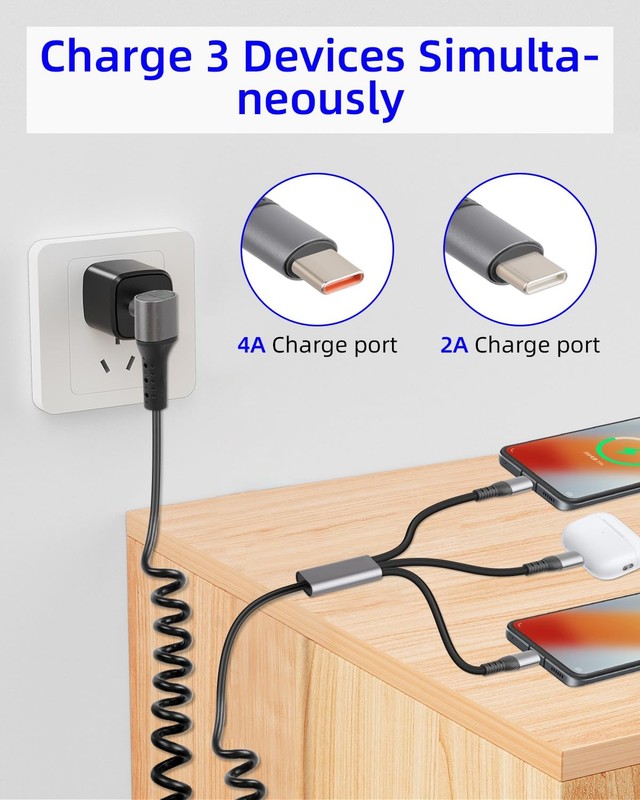 3 in 1 Coiled USB C To C Cable Right Angle Splitter 66W/5Gbps Retractable gallery