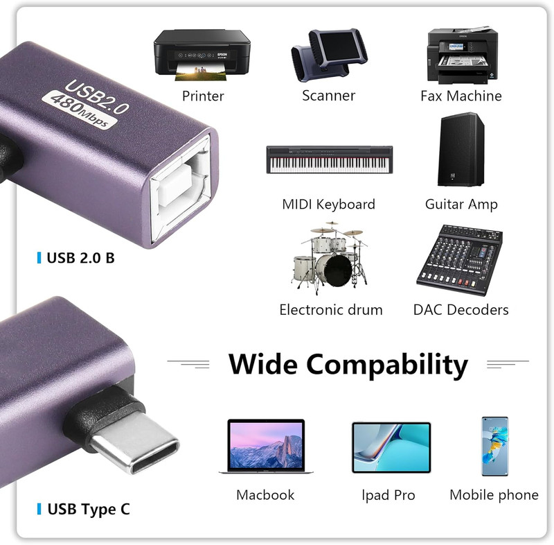 2 Pack USB C to USB B Adapter Type C to MIDI Convert Connector Type C Male to US gallery