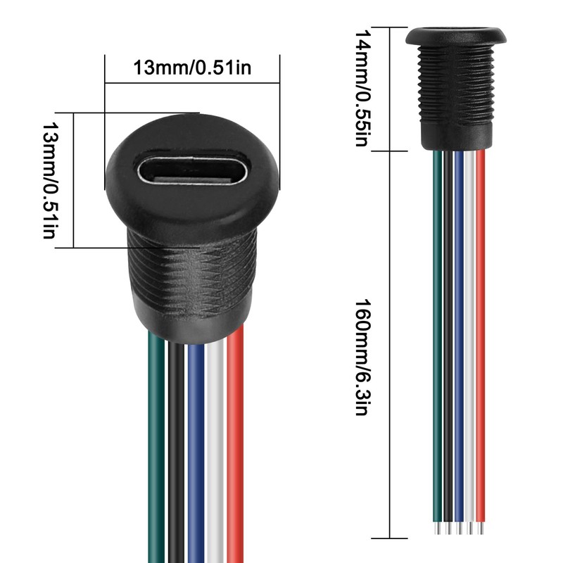 Type-C Female Chassis 5P 24AWG Wire,USB Type C Waterproof Pigtail Extension P... gallery