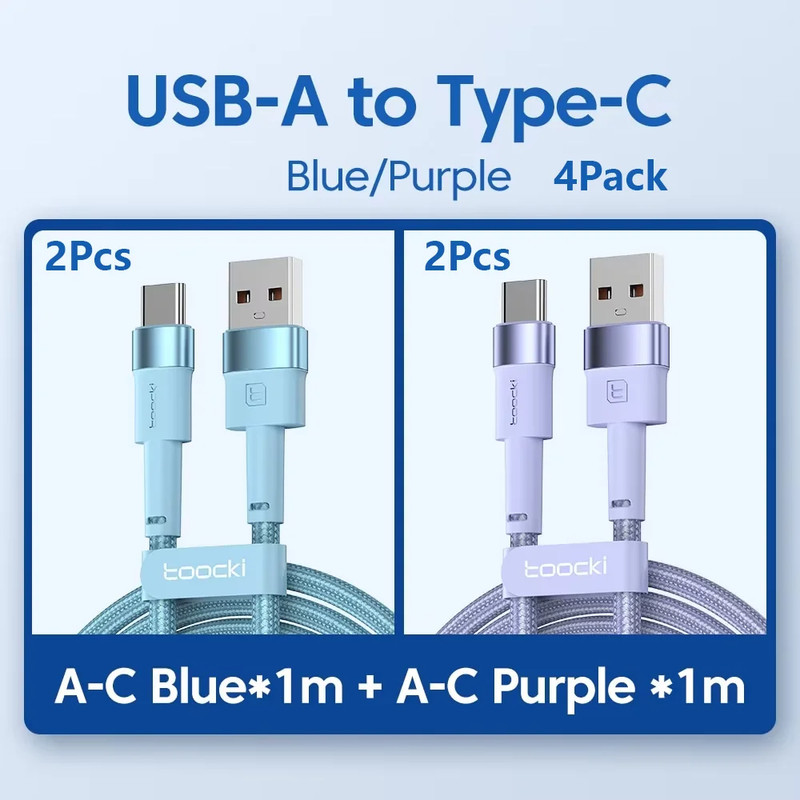 2-Pack USB-A to USB-C Fast Charging Cable 3A 1m Blue Purple Data Sync Cord