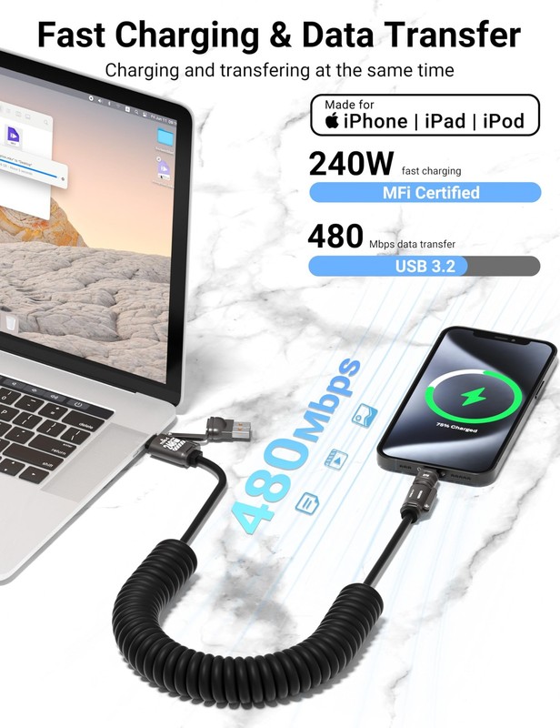 240W 4-in-1 Retractable Coiled Charging Cable[MFi Certified], Zinc Alloy Fast... gallery