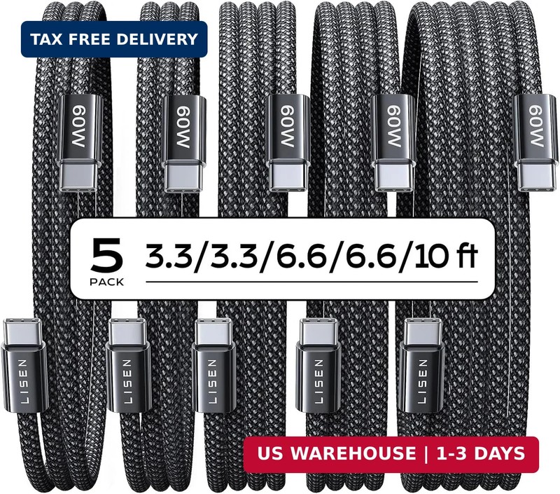 USB C to USB C Cable, 5-Pack [3.3/3.3/6.6/6.6/10FT] for iPhone 17 Charger FAST