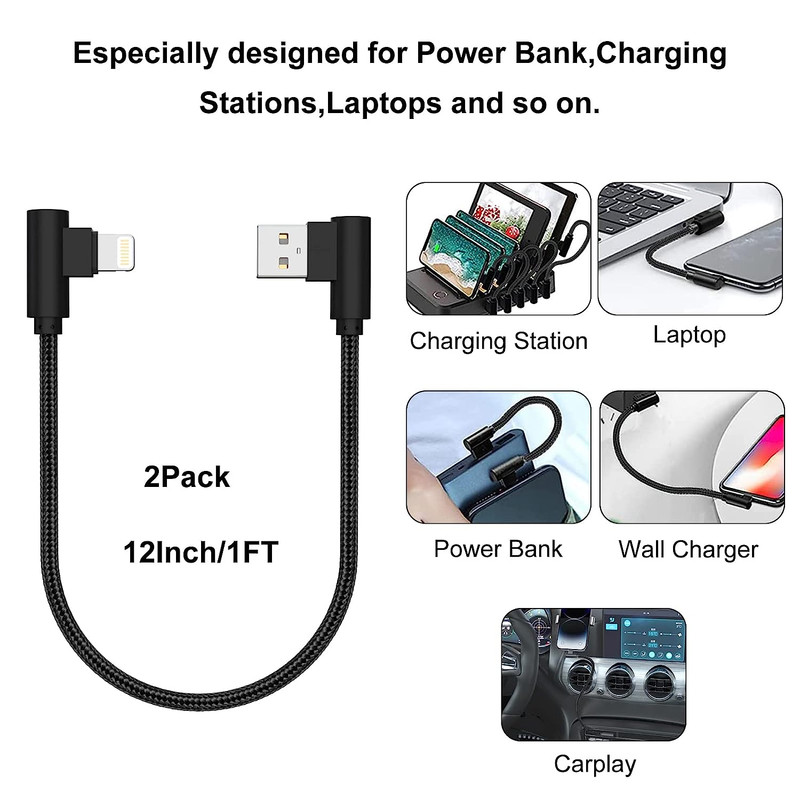 Iphone Charger 1Ft 90 Degree 2 Pack Mfi Certified Elbow Short Lightning Cable gallery