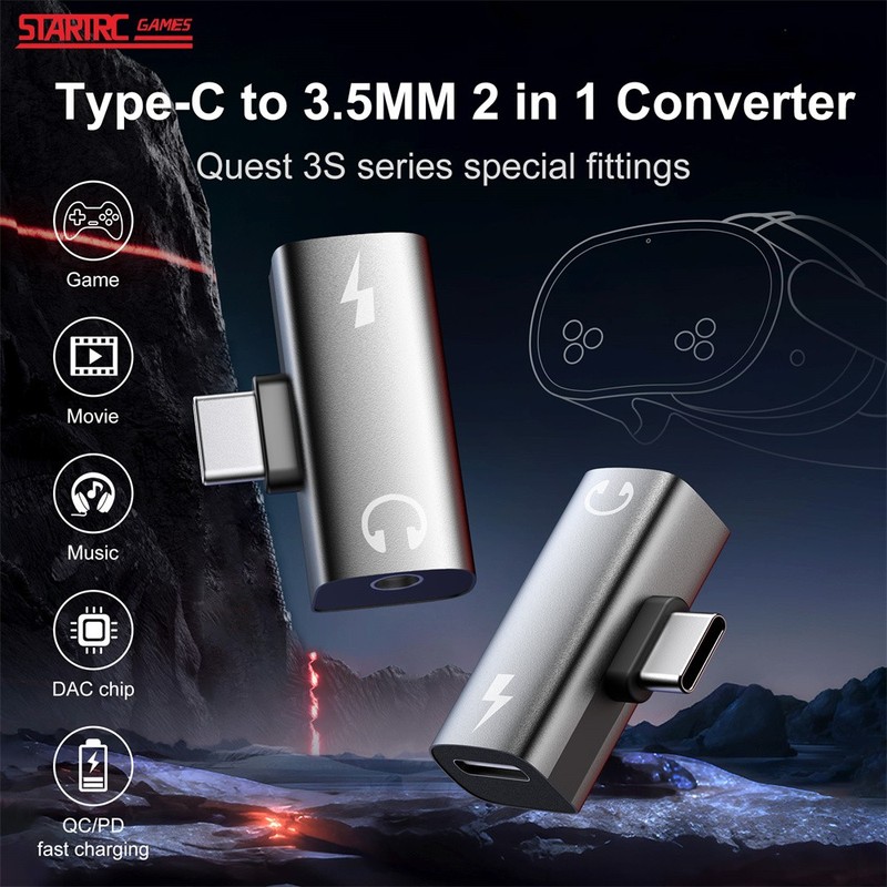 For Meta Quest 3S VR 2 IN 1 Audio Adapter 3.5mm T-Charging Headset Converter New gallery