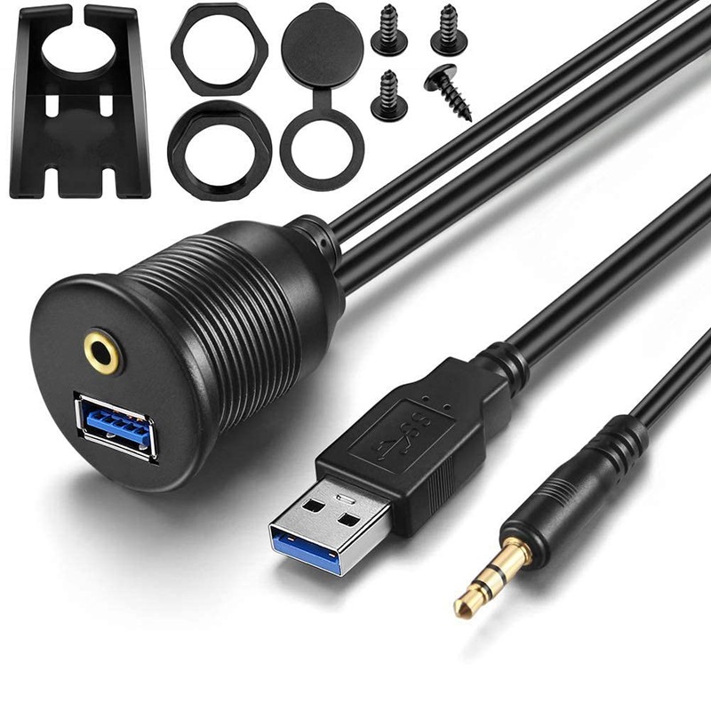USB Flush Mount – 3.5mm & USB 3.0 AUX Extension, Dash & Panel Mount Cable
