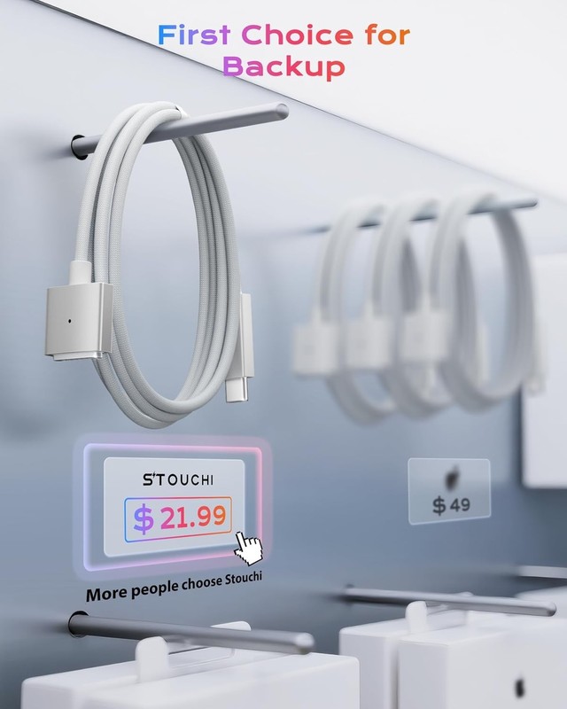 6.6ft Magnetic USB C Cable - 140W PD for MacBook Pro & Air - Braided White/Blue gallery