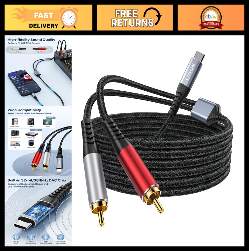 USB C to Dual RCA Audio Cable 9.8FT, 32Bit/384kHz Stereo Adapter for iPhone & Ga