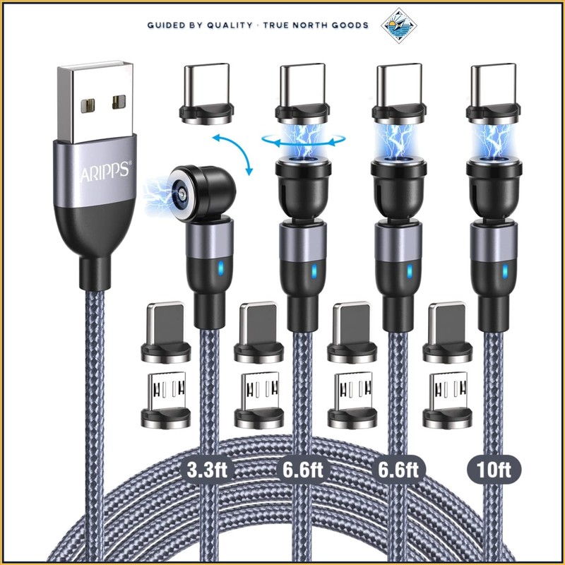 4 Pack Magnetic Charging Cable with 540 Degree Rotating Heads and LED Light