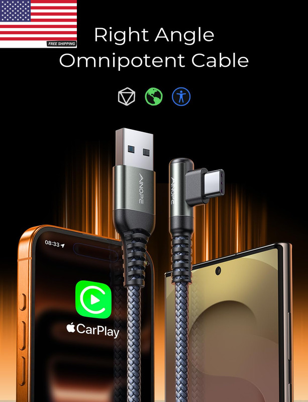 USB to USB C Cable [2-Pack, 6.6Ft] 3.1A Type C Charger Fast Charging, Right Angl gallery