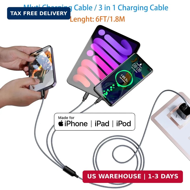 Multi Charging Cable 6ft 2 Pack, MFi Certified 3 in 1 Cord, Lightning USB C Micr gallery