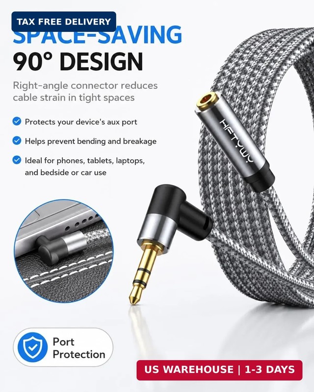 10ft 3.5mm Headphone Extension Cord Male to Female Stereo Audio Extender, 90 Deg gallery