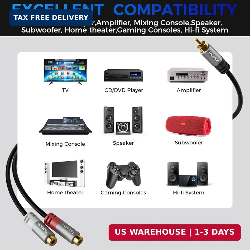 RCA Y-Adapter Splitter cable 2Pack,1 RCA Male to 2 RCA Female Stereo Audio Video gallery