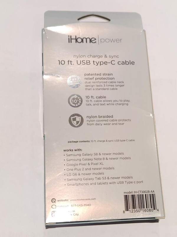 NEW iHome 10 FT TYPE C NYLON CHARGE & SYNC CABLE SAMSUNG S8 NOTE 8 TO CURENT gallery