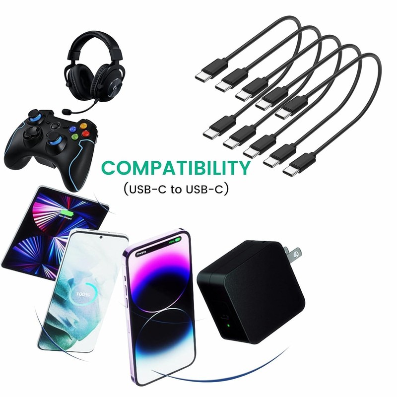 USB C to C Charger Cable 5-Pack 1ft Short Black Fast Charge 60W gallery