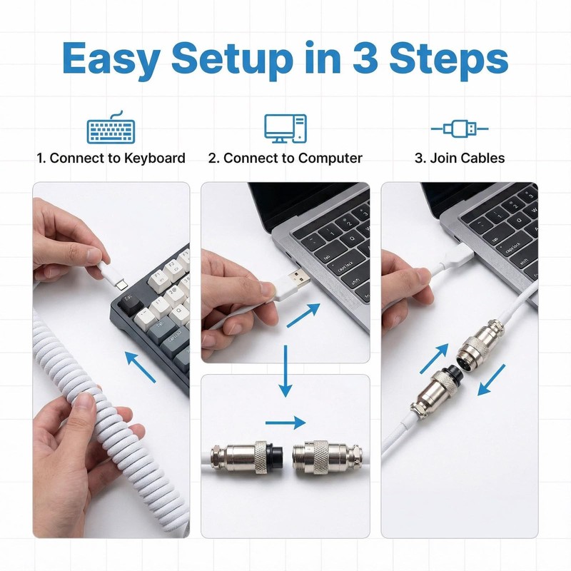 2 PCS 1.5m Coiled Keyboard Cable USB C To A Detachable Metal Aviator White gallery