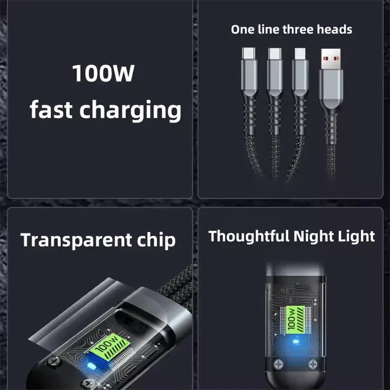 1PCS 1.2M 3 in 1 Fast Charging Cable Cell Phone Charger Cord iPhone Type C USB gallery