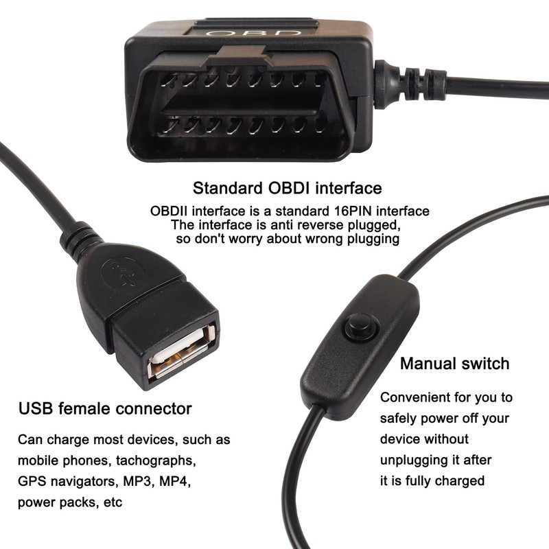 OBD to USB Power Cable Adapter 16Pin OBD2 Male to 5V 2A USB Female Connector ... gallery