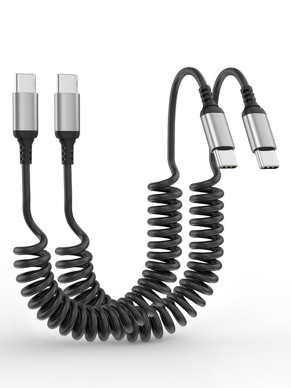 2 Pack Coiled USB C To C Cable 3FT Retractable Fast Charger Power Cord Lead