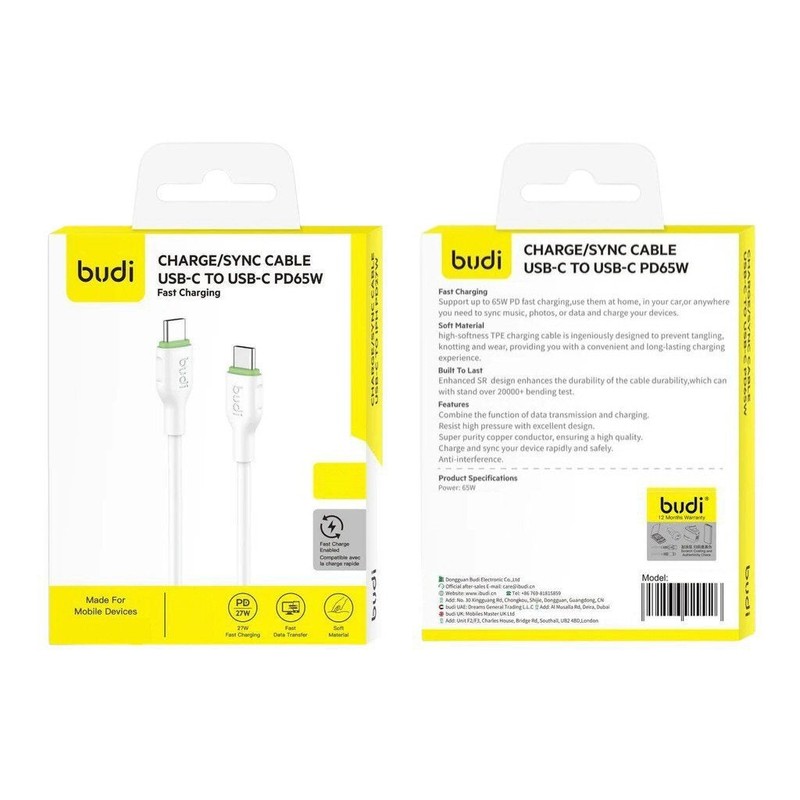 Budi 3M PD65W Cable White USB-C To USB-C gallery