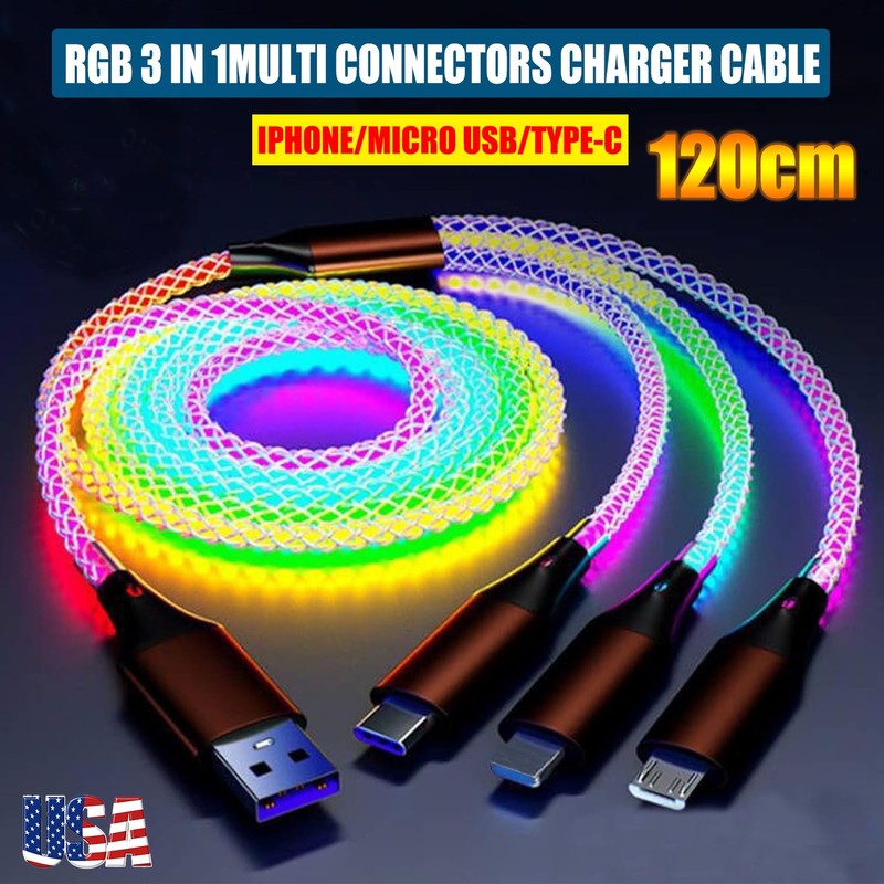 LED Light Up 3 in 1 Multi Charging Charger Cable Cord Iphone Android Type C USA gallery