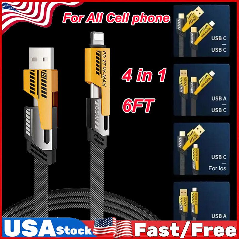4-in-1 USB TYPE C 6FT Cable 65W Fast Charging Flat Braided Anti-Tangle Universal