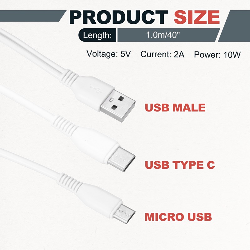 Multi USB A to Micro USB and USB Type C 2 in 1 Splitter 40 Inch White gallery