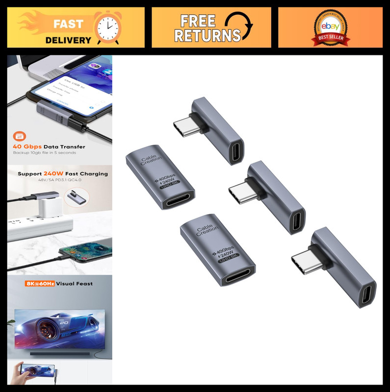 90° USB C Adapter 5 Pack, Right Angle Male to Female, 40Gbps 240W for Steam Deck
