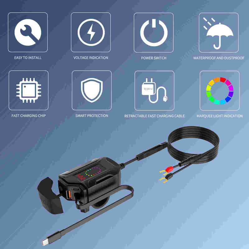 USB Motorcycle Charging Unit with Retractable Cable and LED Voltage Monitor gallery