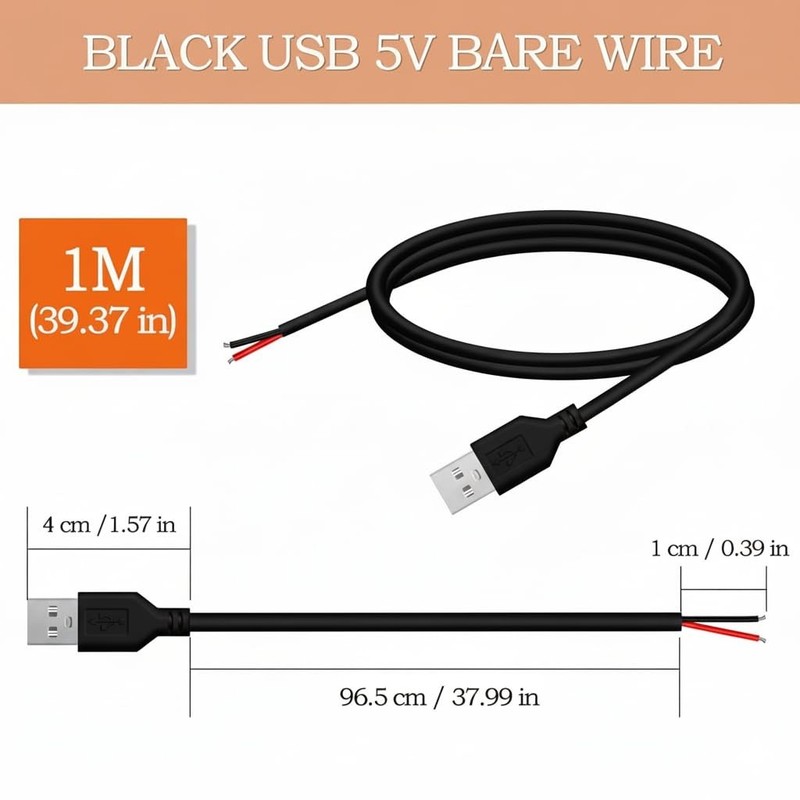 2 PCS 3.28FT Black 24AWG USB 2.0 Male 2 Pin Bare Wire Pigtail Cable 5V 2A gallery