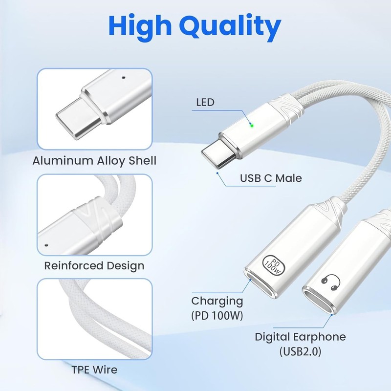 USB C Splitter 1 in 2 Out USB-C Headphone and Charging Adapter, Type-C PD 100... gallery