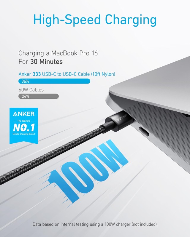 Anker USB C to C Cable, 2-Pack Type C 100W Charger Cord, Fast 3ft, Black gallery