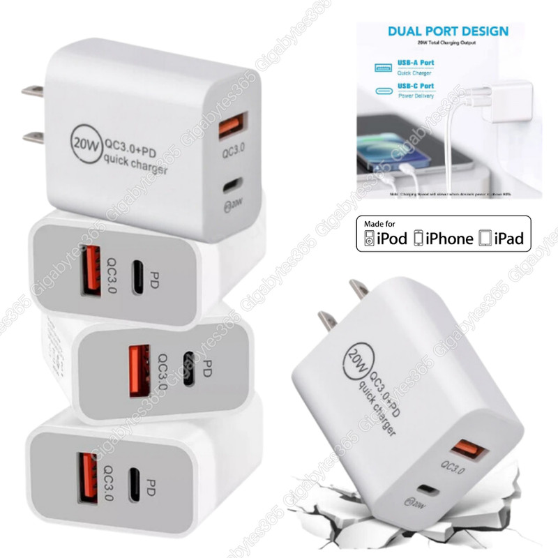 Bulk Lot 20W PD USB Type C Fast Power Adapter US QC 3.0 Block For iPhone Samsung