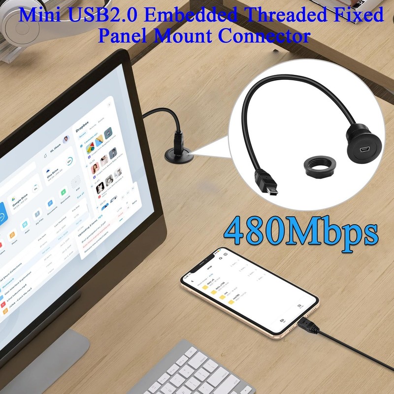 Mini USB Flush Mount Extension Cable Male to Female 480Mbps 30cm 11.8 In gallery