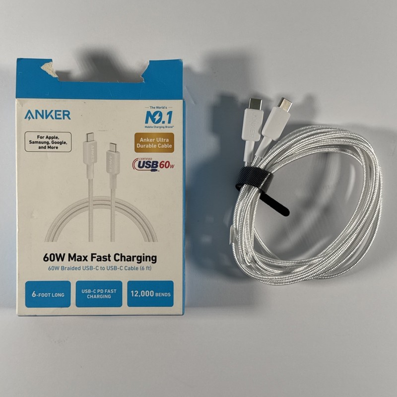 Anker 6′ 60W Braided USB-C to USB-C Max Fast Charging Cable – White