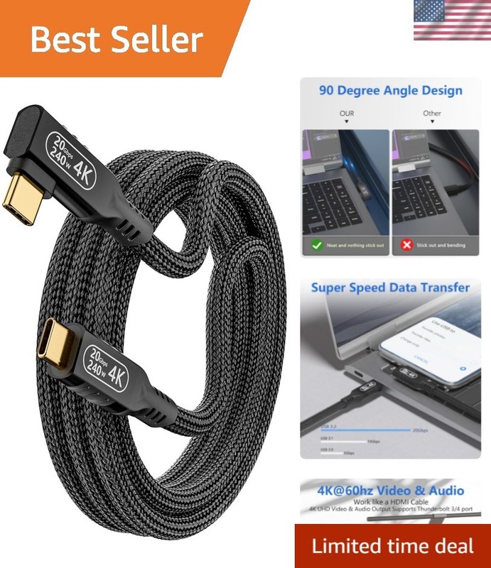240W USB C to USB C Cable, 10ft Long – Right Angle Design for Gaming & Media