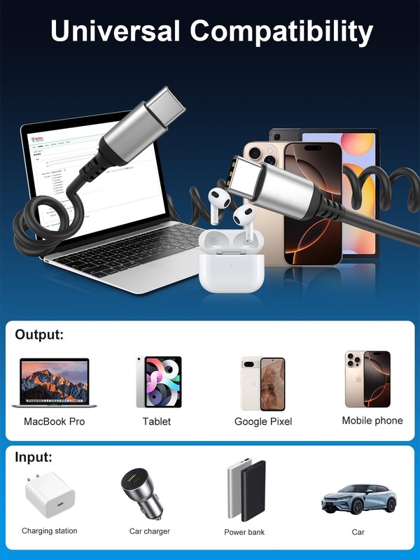 Coiled USB C to C Cable 3FT, 2 Pack Retractable C Black gallery