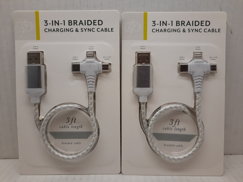 2 Packs NEW 3-In-1 Braided Charging & Sync Cable USB-C Micro USB Apple 8 PIN