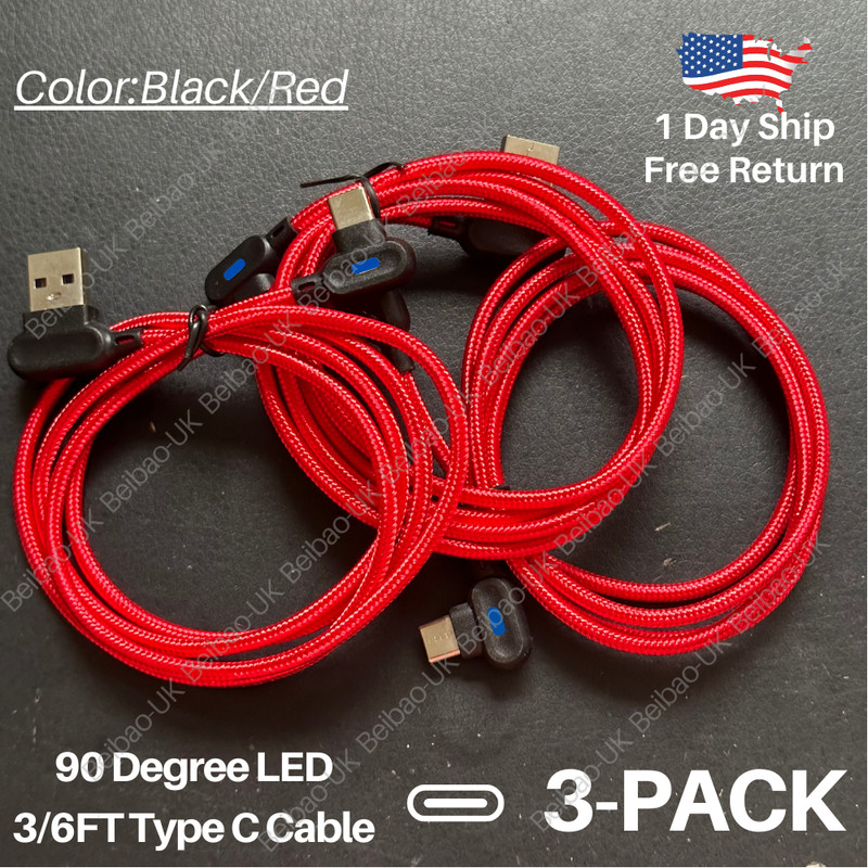 3 Pack Type C 90 Degree Right Angle USB C Fast Data Sync Charging Charger Cable