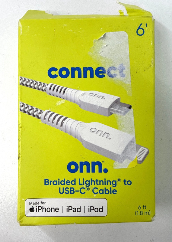 onn. Charging Cable 6ft Black Braided Lightning to USB-C Connect, (MFi-Certified
