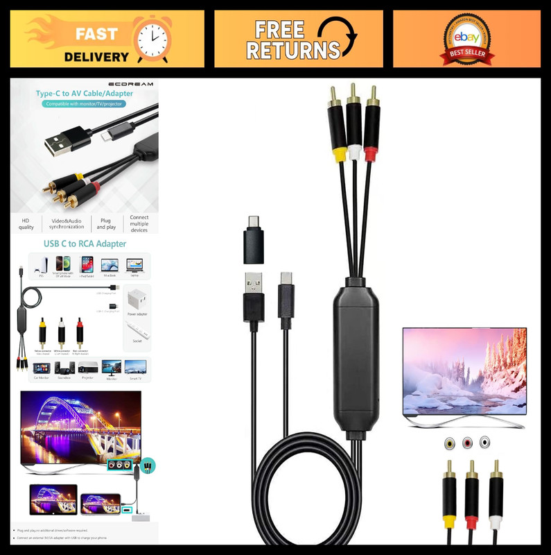 6FT USB C to RCA Adapter, Type-C to 3 RCA Cable for Screen Mirroring, TV & Proje