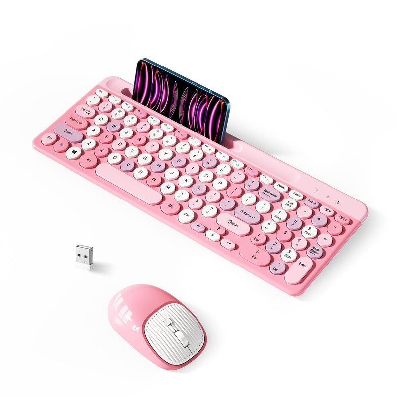 Retro Wireless Keyboard with Round Keycaps, 2.4GHz Full-Size USB Cute Wireles…
