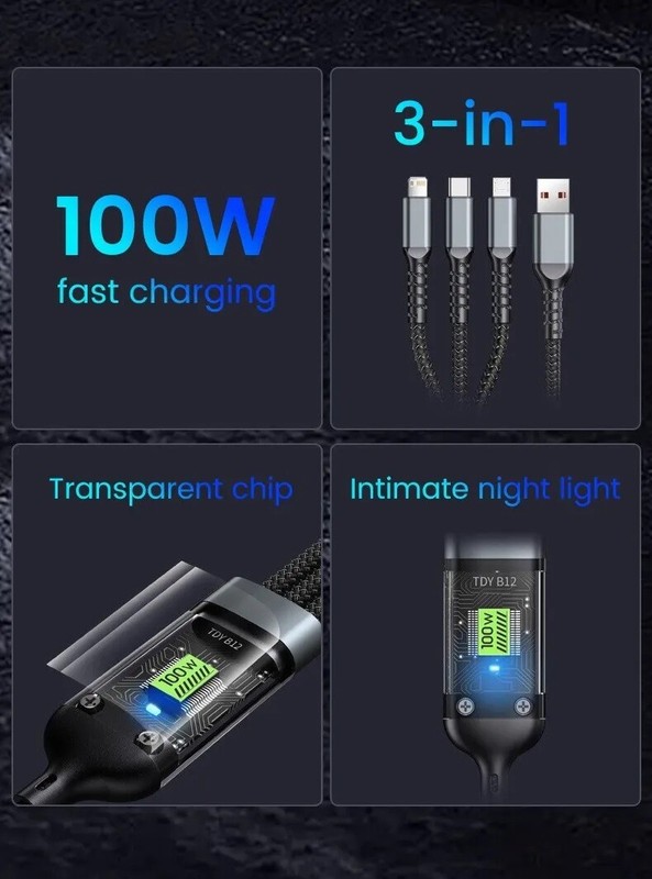 3-in-1 100W 5A Fast Charging USB To Type-C Micro Fast Charger Cable For iPhone