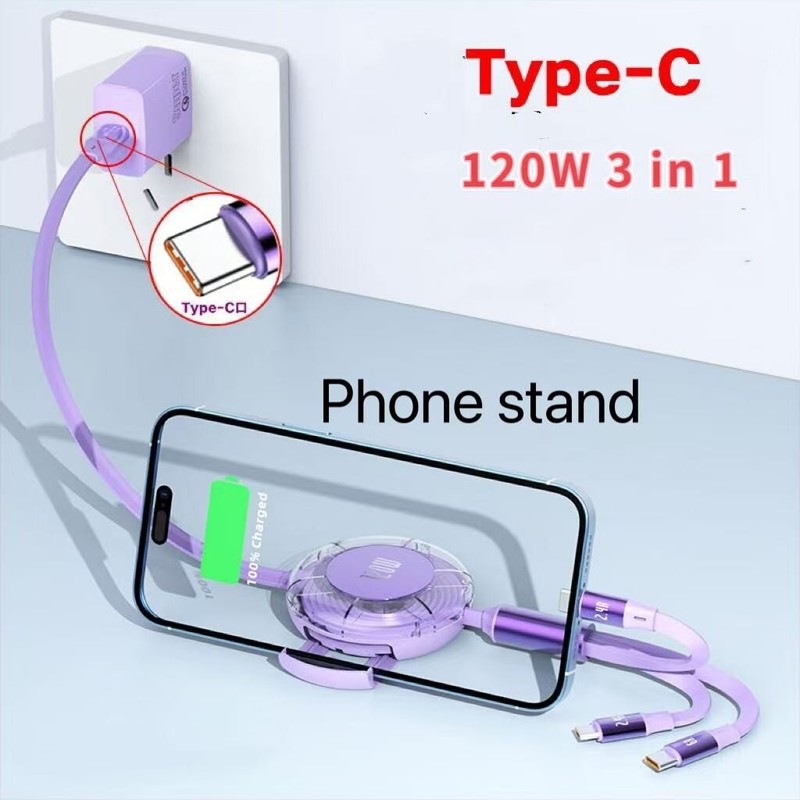 120W 3 in 1 Type C 6A Elastically Fast Charging Cable Cell Phone Charger Cord gallery