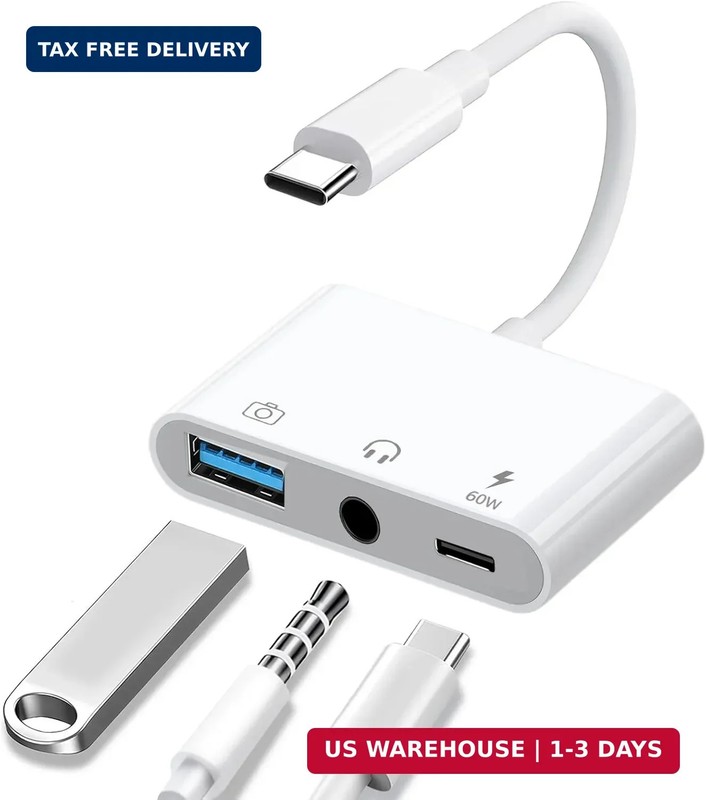 Aux to USB C to USB Adapter, 3-in-1 USB OTG Adapter with USB C to 3.5mm Audio Ad
