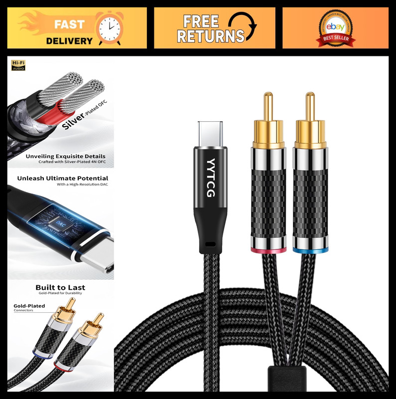 USB C to RCA Audio Cable 1.64ft, Type-C to 2 RCA Y Splitter, High-Res Sound, Gol