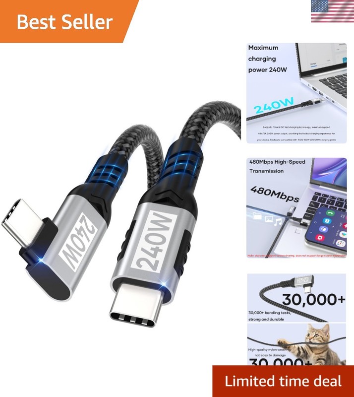 High-Speed 1.64FT USB C to C Cable, 240W PD 3.1, Right Angle Braided Design