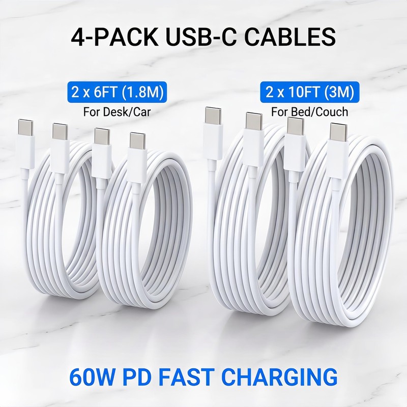4 Pack 60W USB C to USB C Fast Charging Cable 6ft and 10ft for iPhone gallery