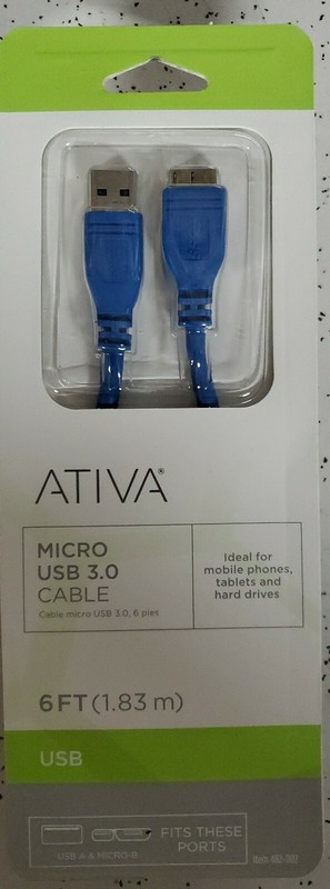 ATIVA Micro USB-A 3.0 TO MICRO-B CABLE 6FT BLUE **BRAND NEW SEALED**